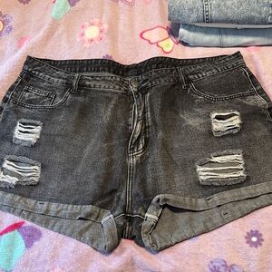 Distressed High-Waist Denim Shorts - Dark Gray